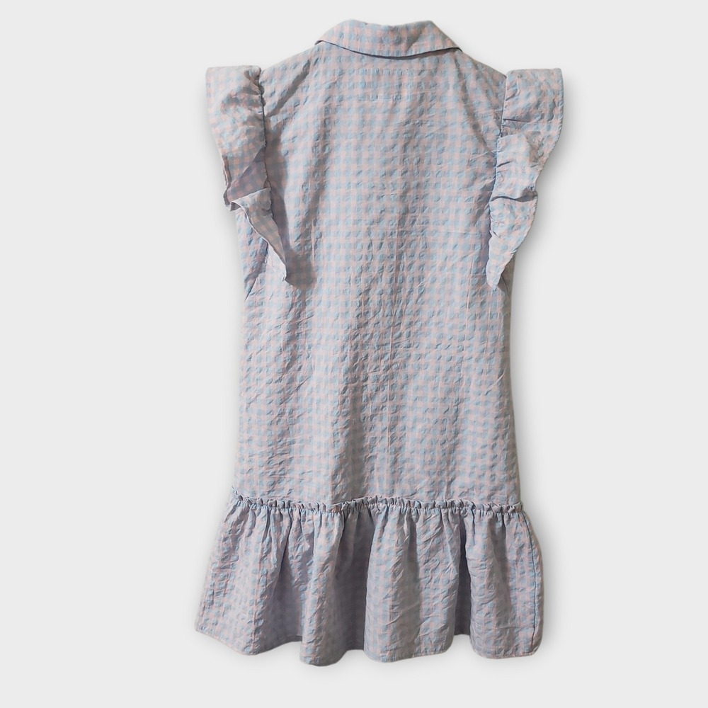 The Shirt Rochelle Behrens Drop Waist Peplum Dress Crinkled Gingham Pink Blue XS - Picture 5 of 11